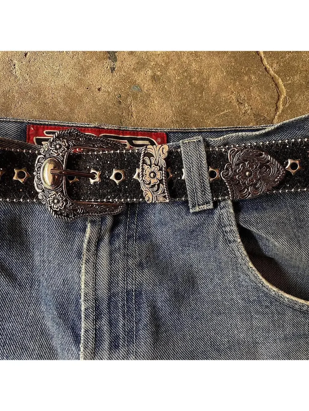 Cyber Y2k Style Studded Black and Silver 2-Tone Rhinestone belt. Cool